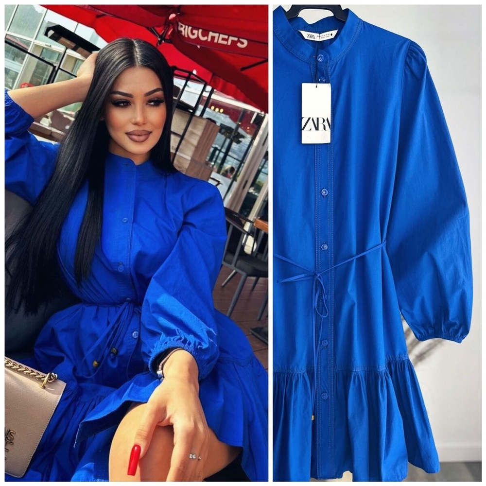 NWT ZARA BLUE RUFFLED BELTED DRESS - Picture 8 of 9